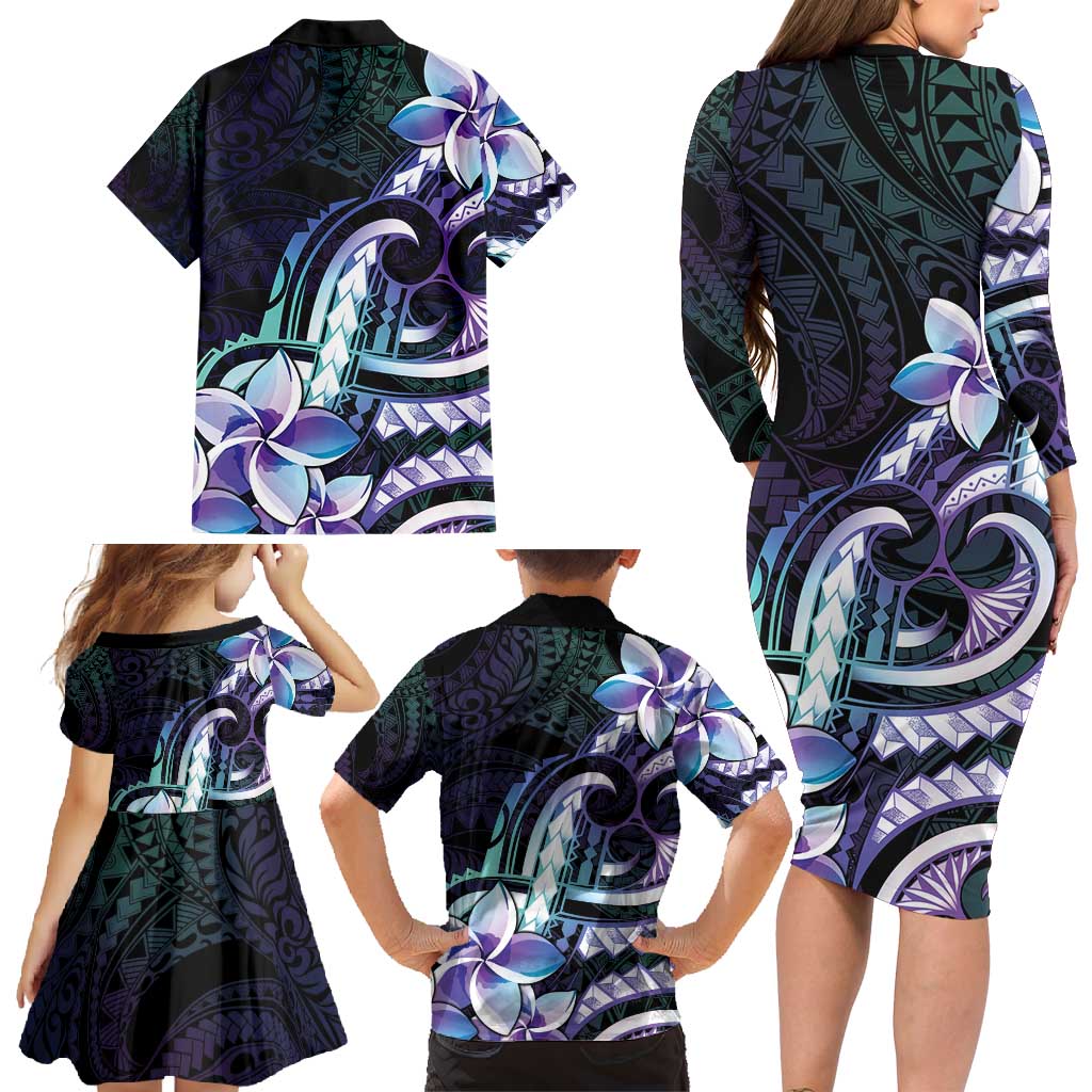 Polynesian Art Tattoo Family Matching Long Sleeve Bodycon Dress and Hawaiian Shirt Plumeria Flowers Turquoise Gradient