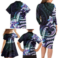 Polynesian Art Tattoo Family Matching Long Sleeve Bodycon Dress and Hawaiian Shirt Plumeria Flowers Turquoise Gradient