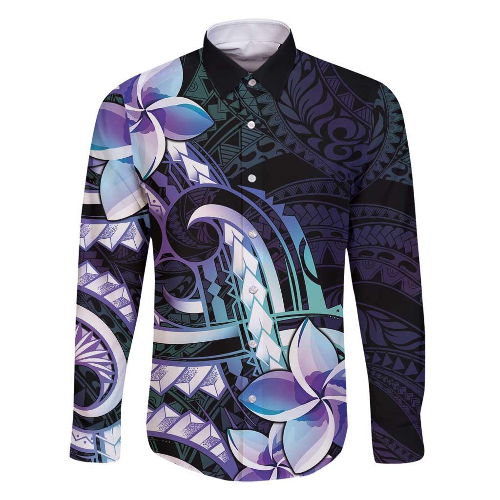 Polynesian Art Tattoo Family Matching Long Sleeve Bodycon Dress and Hawaiian Shirt Plumeria Flowers Turquoise Gradient