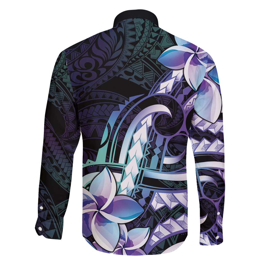 Polynesian Art Tattoo Family Matching Long Sleeve Bodycon Dress and Hawaiian Shirt Plumeria Flowers Turquoise Gradient