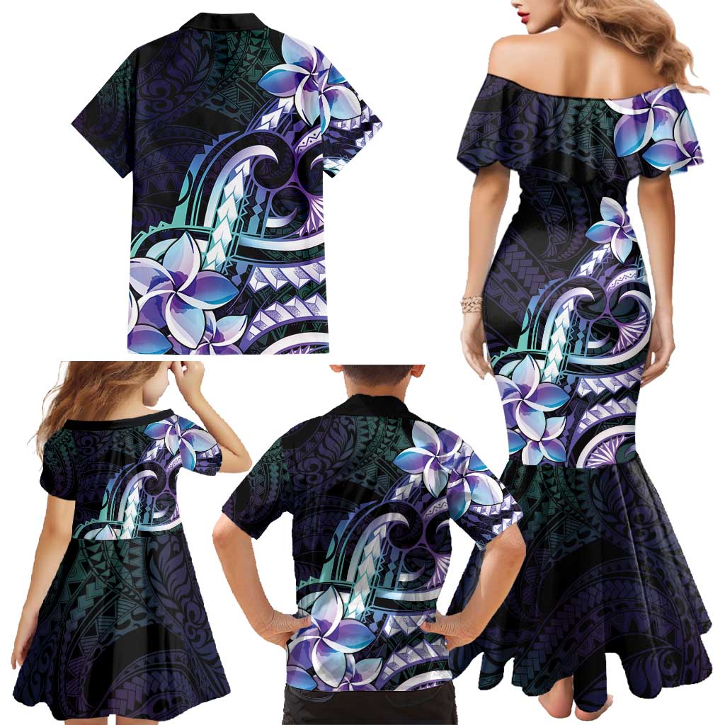 Polynesian Art Tattoo Family Matching Mermaid Dress and Hawaiian Shirt Plumeria Flowers Turquoise Gradient
