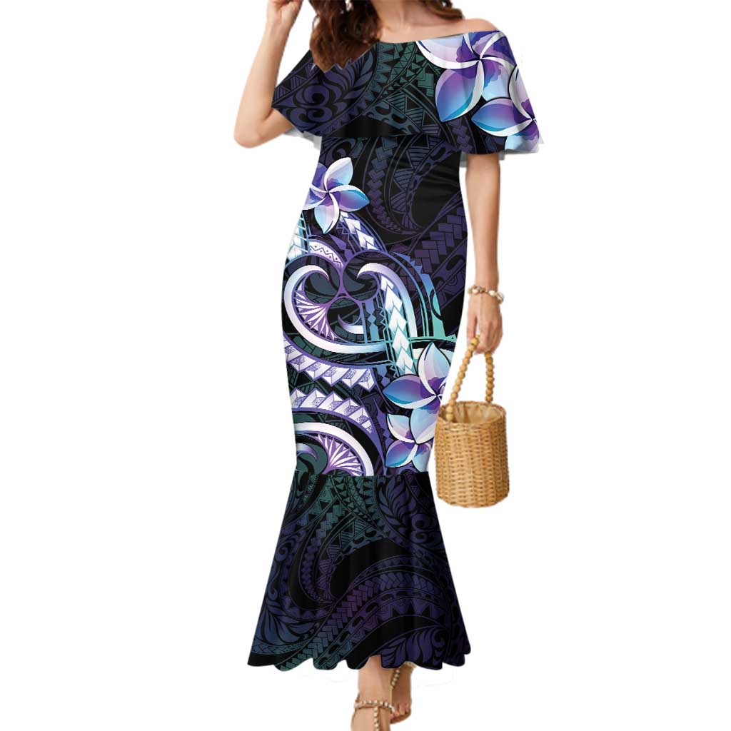 Polynesian Art Tattoo Family Matching Mermaid Dress and Hawaiian Shirt Plumeria Flowers Turquoise Gradient