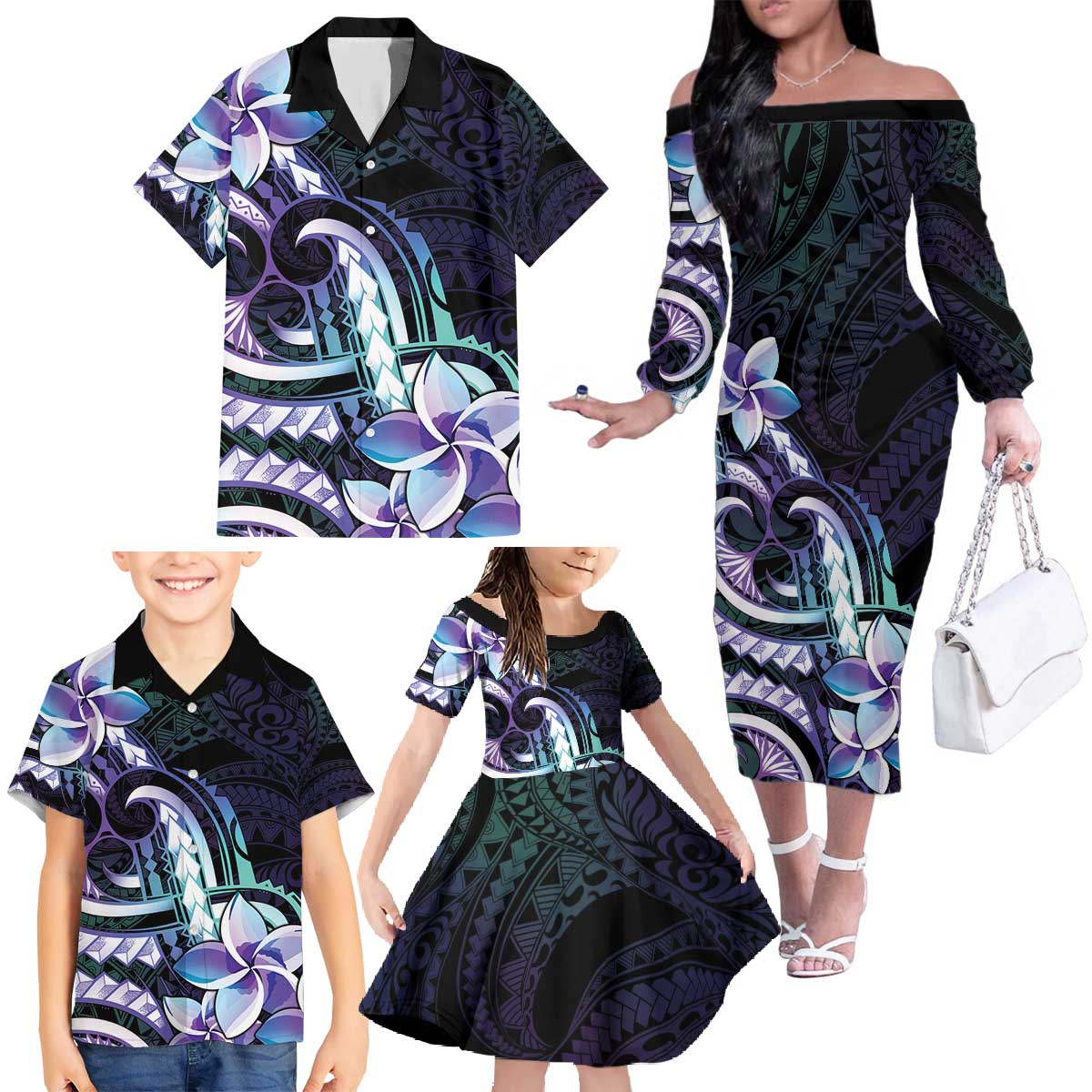 Polynesian Art Tattoo Family Matching Off The Shoulder Long Sleeve Dress and Hawaiian Shirt Plumeria Flowers Turquoise Gradient