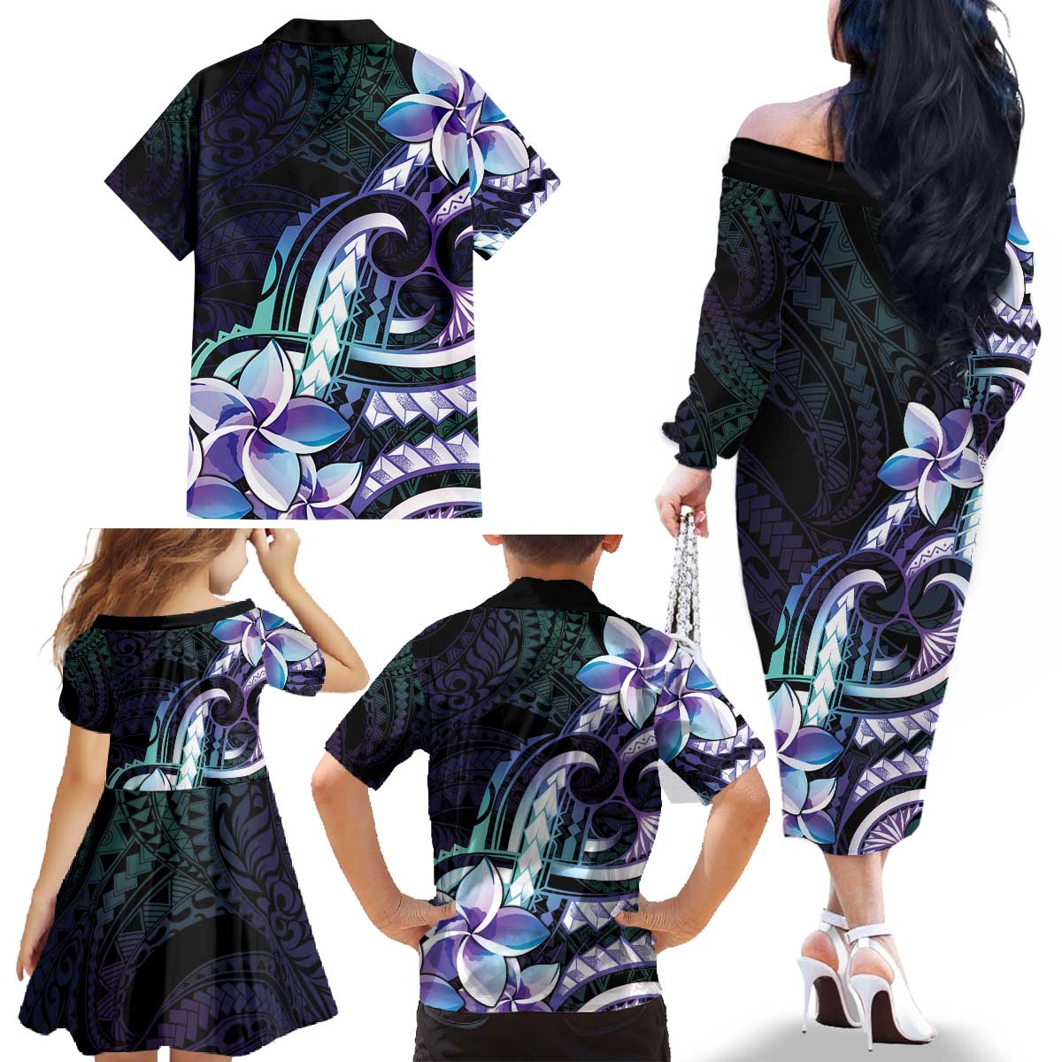 Polynesian Art Tattoo Family Matching Off The Shoulder Long Sleeve Dress and Hawaiian Shirt Plumeria Flowers Turquoise Gradient