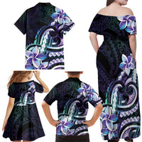 Polynesian Art Tattoo Family Matching Off Shoulder Maxi Dress and Hawaiian Shirt Plumeria Flowers Turquoise Gradient