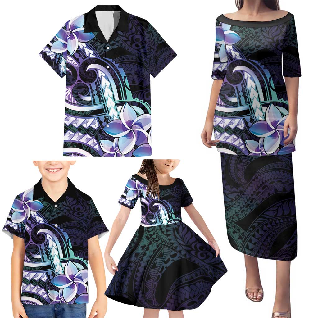 Polynesian Art Tattoo Family Matching Puletasi and Hawaiian Shirt Plumeria Flowers Turquoise Gradient