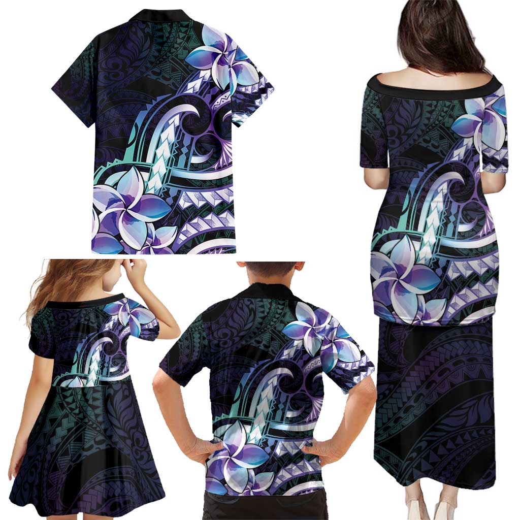 Polynesian Art Tattoo Family Matching Puletasi and Hawaiian Shirt Plumeria Flowers Turquoise Gradient