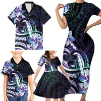Polynesian Art Tattoo Family Matching Short Sleeve Bodycon Dress and Hawaiian Shirt Plumeria Flowers Turquoise Gradient