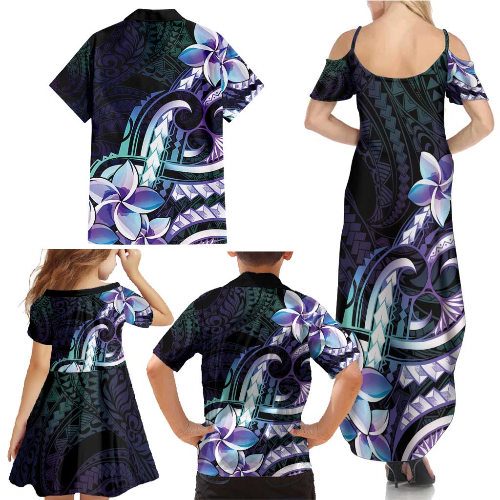 Polynesian Art Tattoo Family Matching Summer Maxi Dress and Hawaiian Shirt Plumeria Flowers Turquoise Gradient