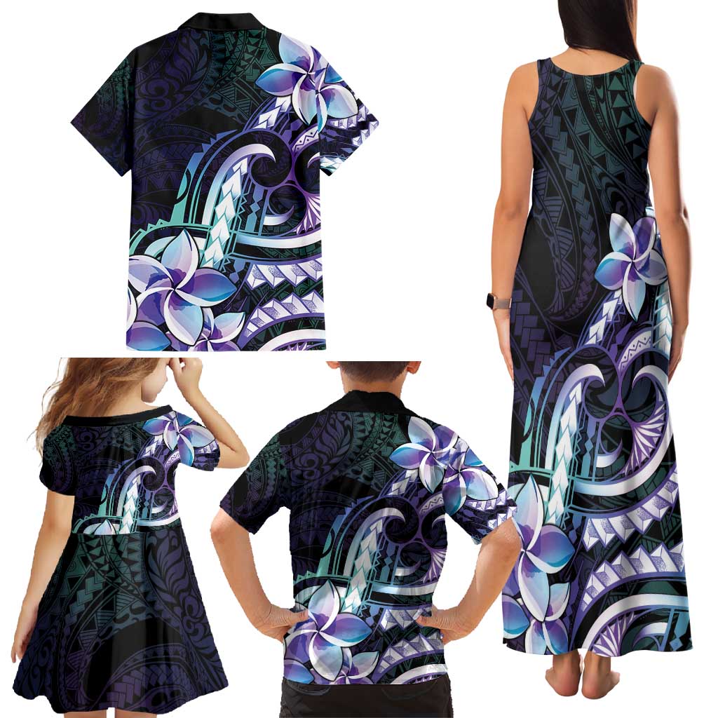 Polynesian Art Tattoo Family Matching Tank Maxi Dress and Hawaiian Shirt Plumeria Flowers Turquoise Gradient