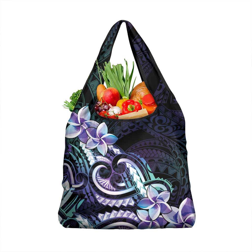 Polynesian Art Tattoo Grocery Bag Plumeria Flowers Turquoise Gradient