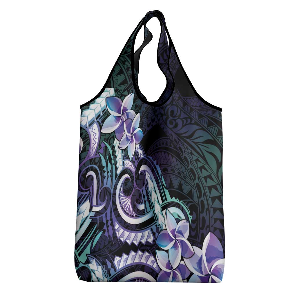 Polynesian Art Tattoo Grocery Bag Plumeria Flowers Turquoise Gradient