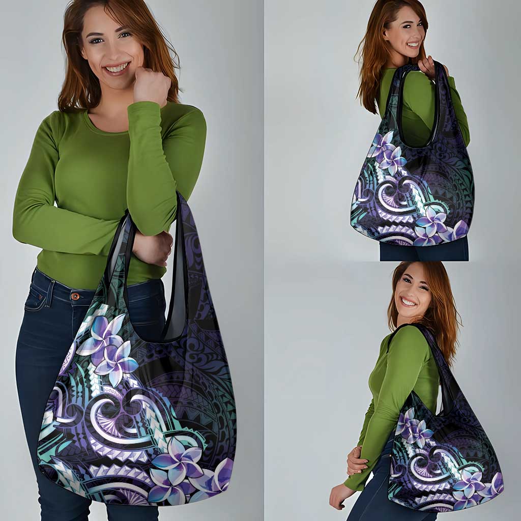 Polynesian Art Tattoo Grocery Bag Plumeria Flowers Turquoise Gradient