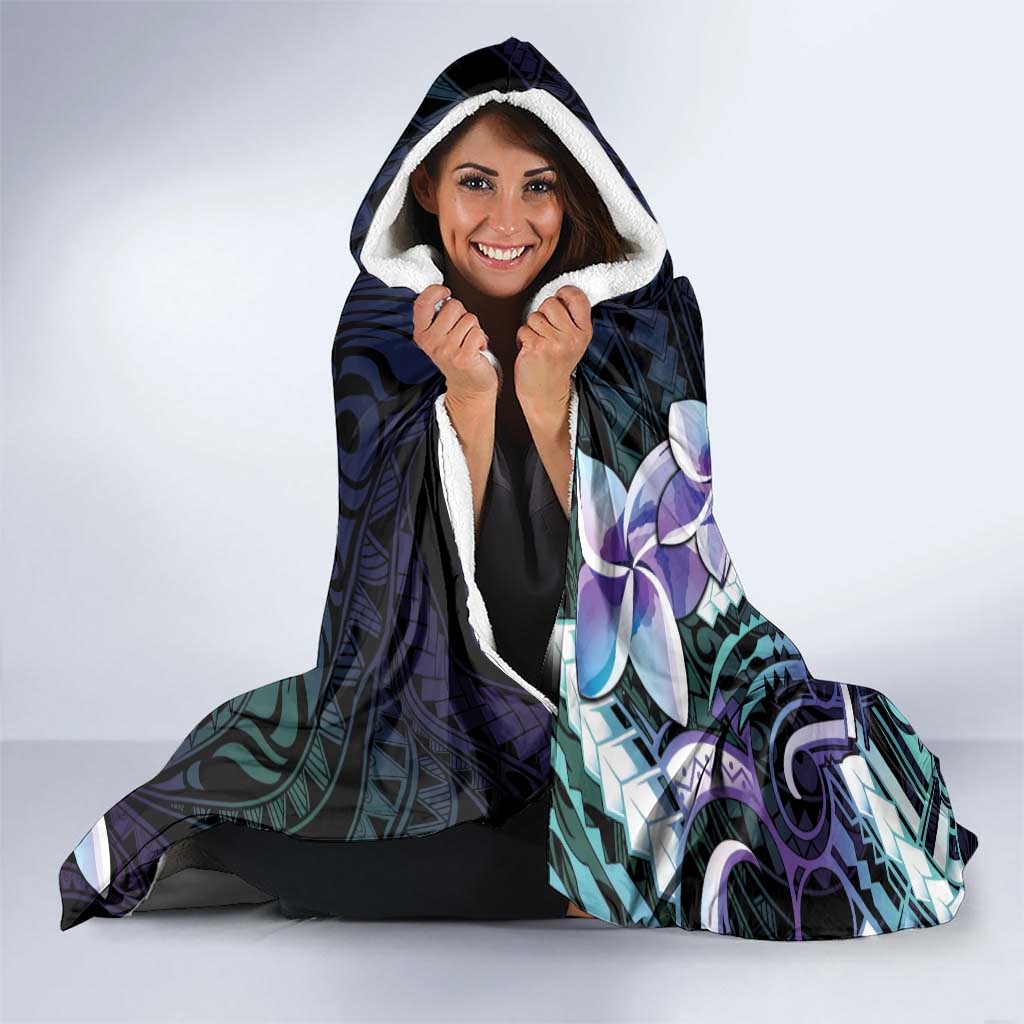 Polynesian Art Tattoo Hooded Blanket Plumeria Flowers Turquoise Gradient LT05 - Polynesian Pride