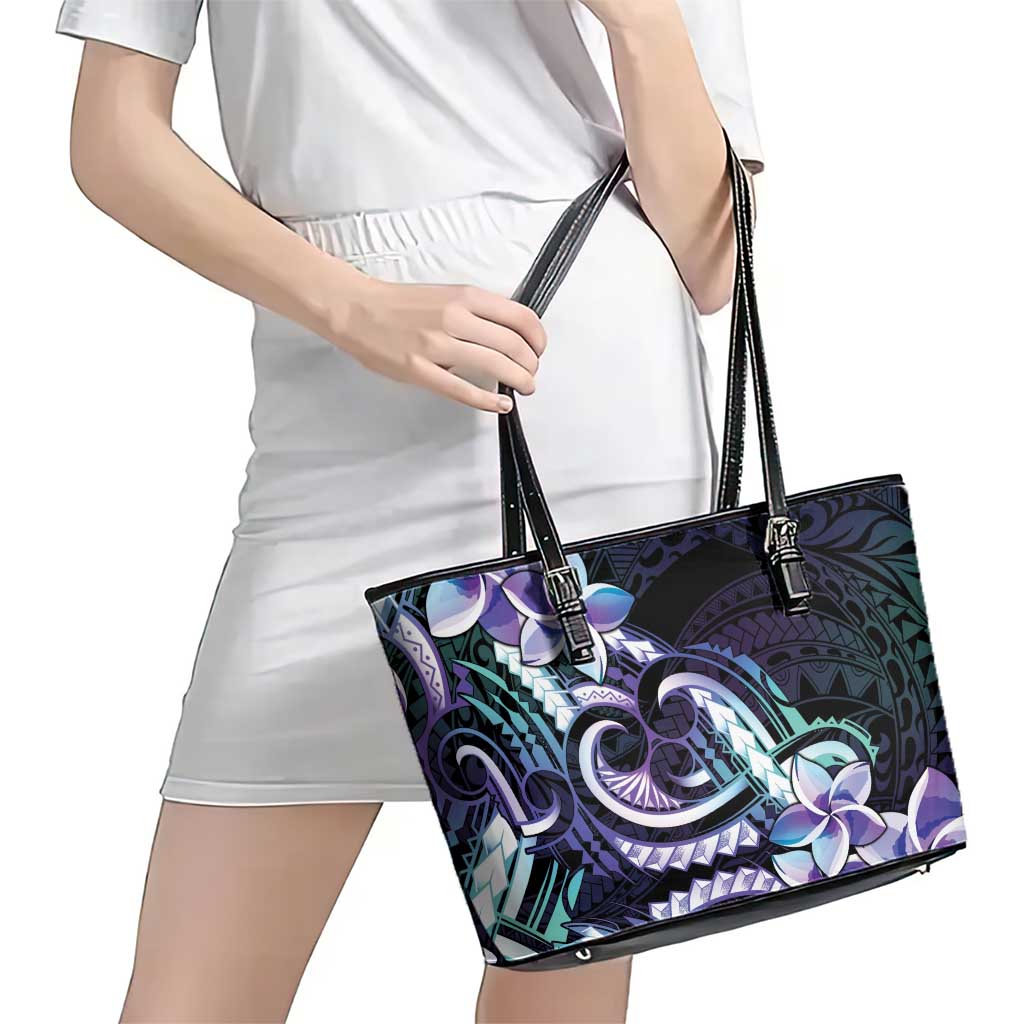 Polynesian Art Tattoo Leather Tote Bag Plumeria Flowers Turquoise Gradient