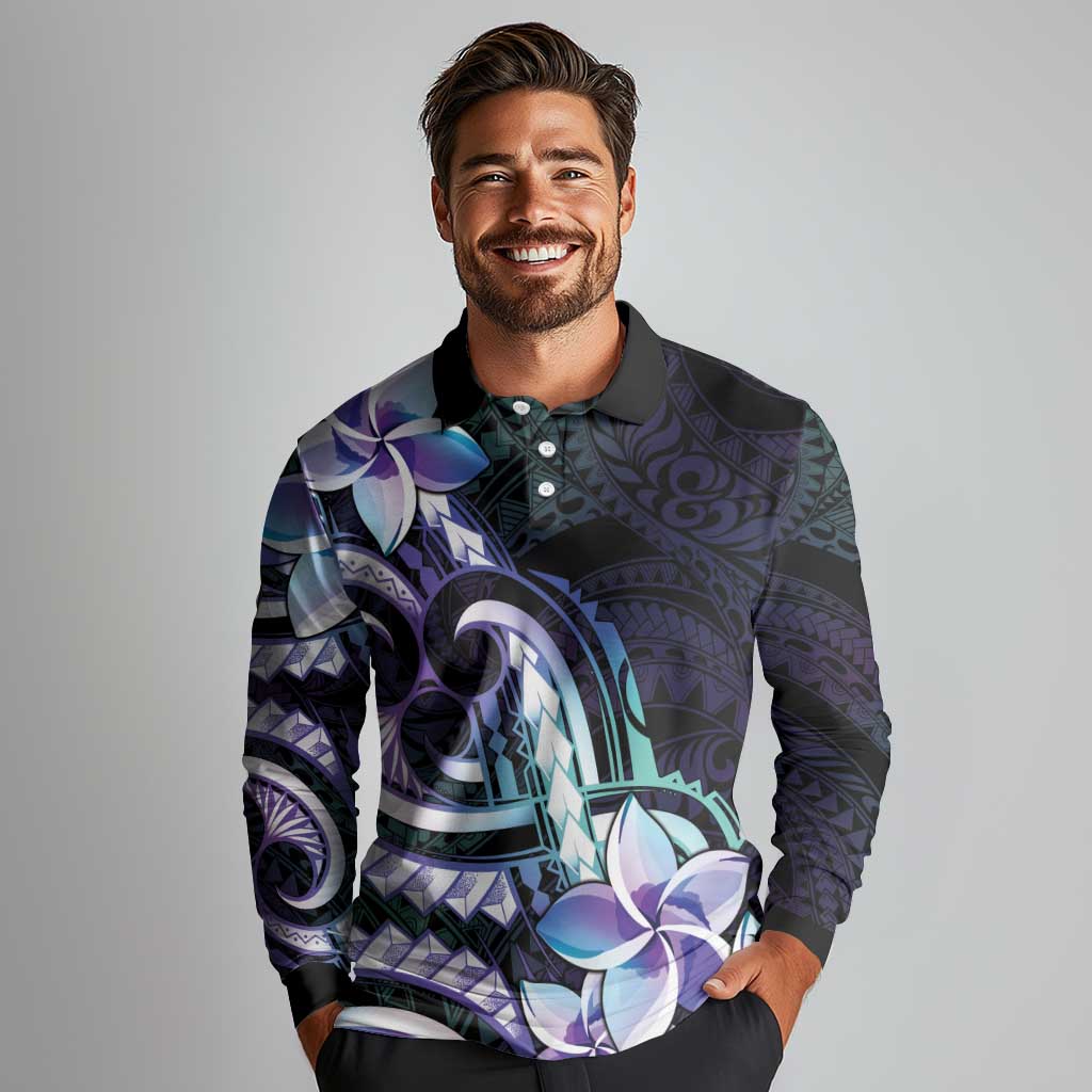 Polynesian Art Tattoo Long Sleeve Polo Shirt Plumeria Flowers Turquoise Gradient LT05 - Polynesian Pride