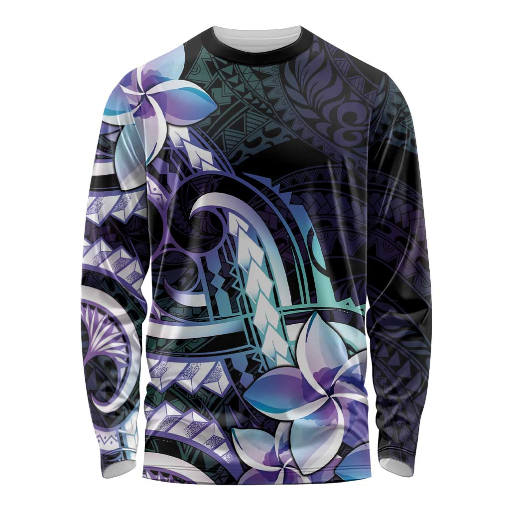 Polynesian Art Tattoo Long Sleeve Shirt Plumeria Flowers Turquoise Gradient LT05 Unisex Turquoise - Polynesian Pride