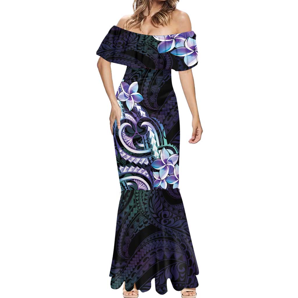 Polynesian Art Tattoo Mermaid Dress Plumeria Flowers Turquoise Gradient