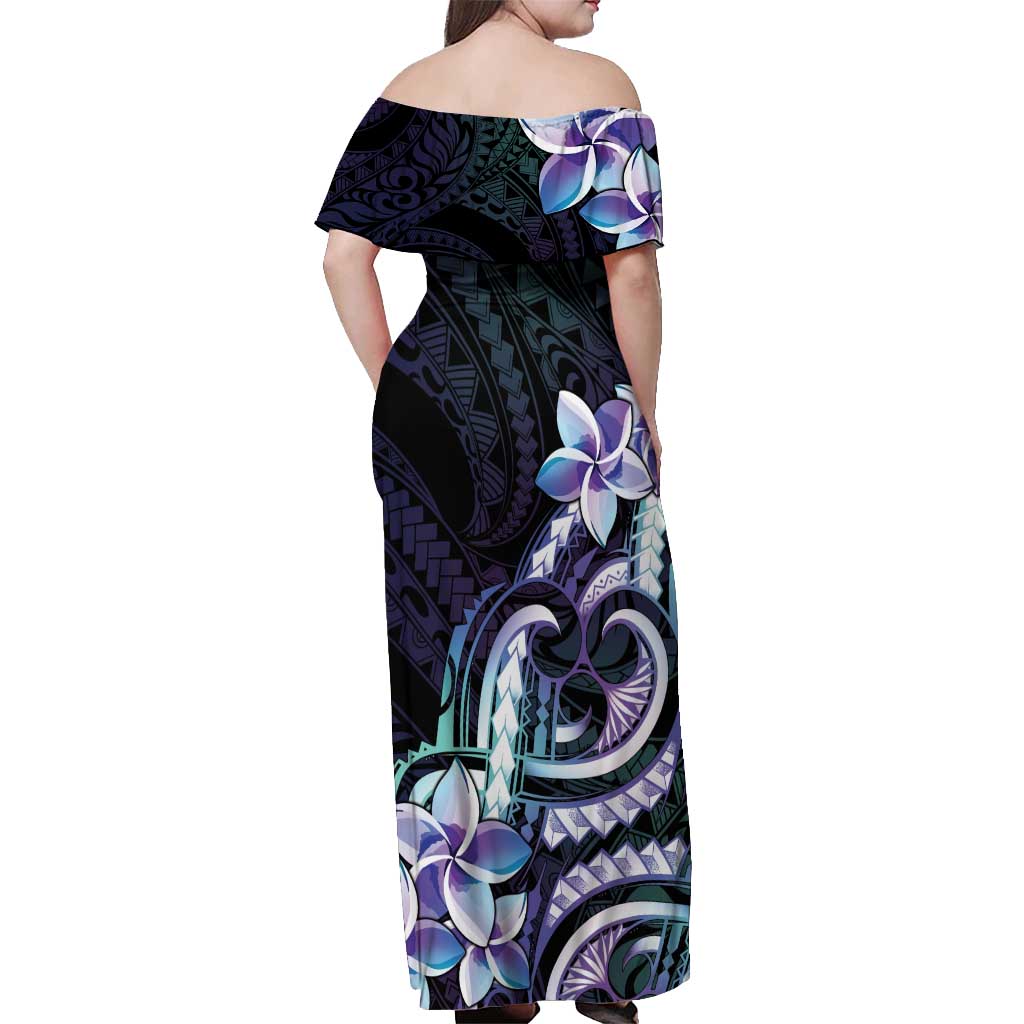 Polynesian Art Tattoo Off Shoulder Maxi Dress Plumeria Flowers Turquoise Gradient