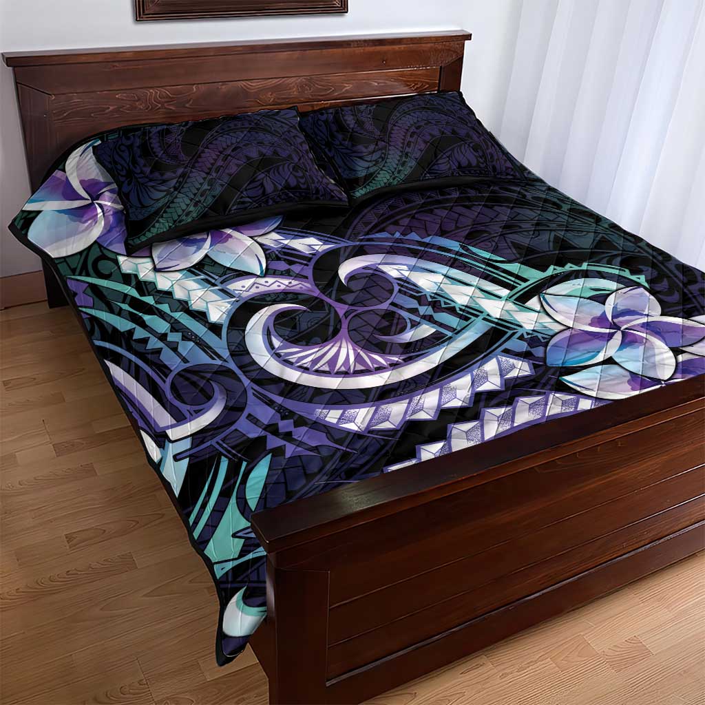 Polynesian Art Tattoo Quilt Bed Set Plumeria Flowers Turquoise Gradient LT05 - Polynesian Pride