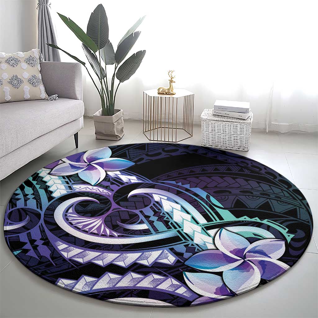 Polynesian Art Tattoo Round Carpet Plumeria Flowers Turquoise Gradient