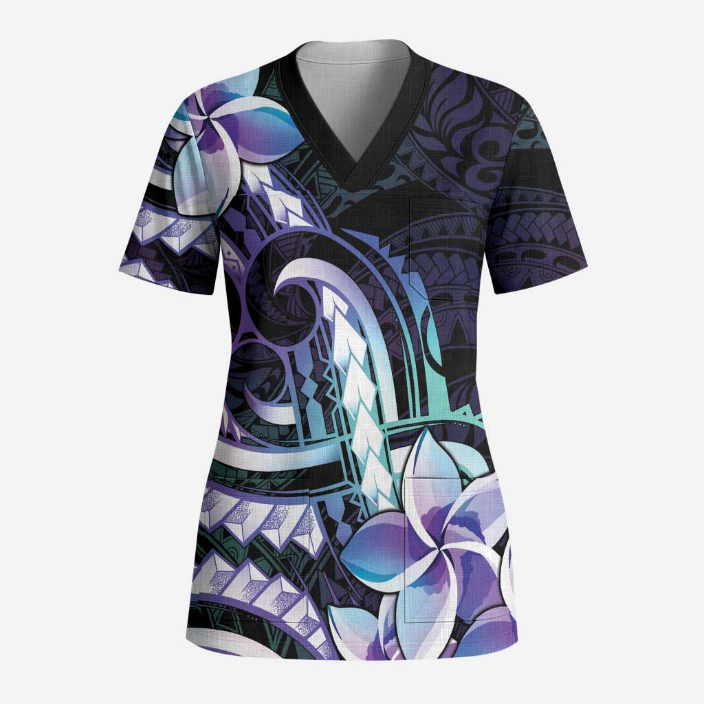 Polynesian Art Tattoo Scrub Top Plumeria Flowers Turquoise Gradient LT05 Adult Turquoise - Polynesian Pride