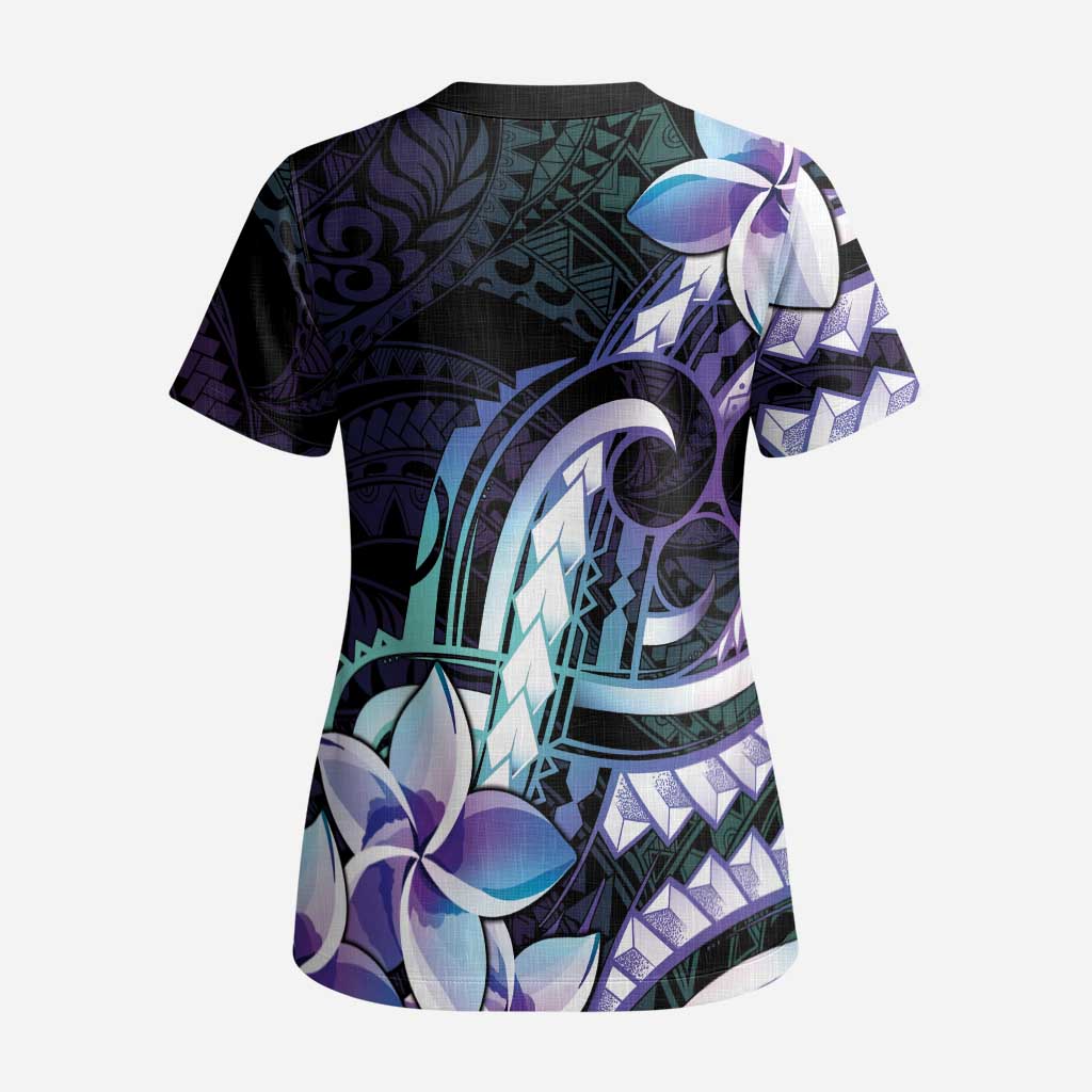 Polynesian Art Tattoo Scrub Top Plumeria Flowers Turquoise Gradient LT05 - Polynesian Pride