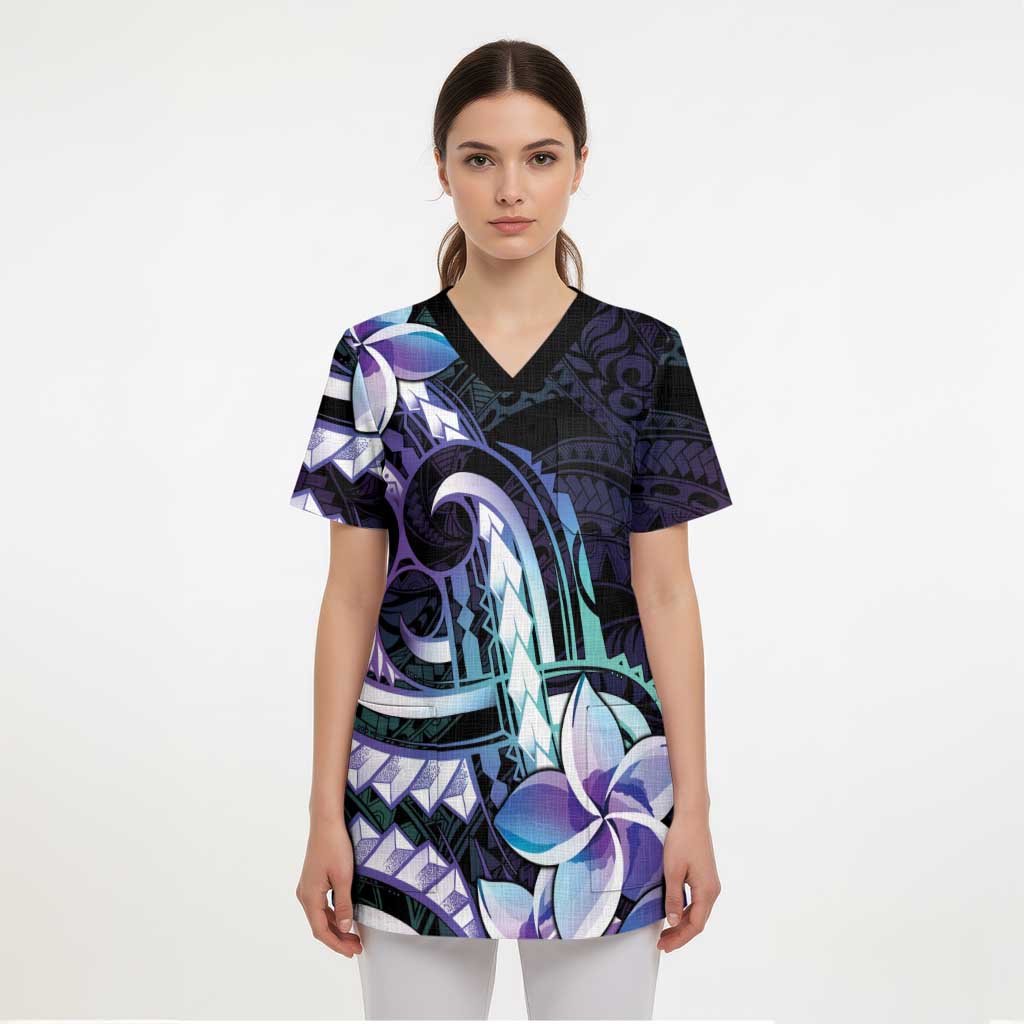 Polynesian Art Tattoo Scrub Top Plumeria Flowers Turquoise Gradient LT05 - Polynesian Pride
