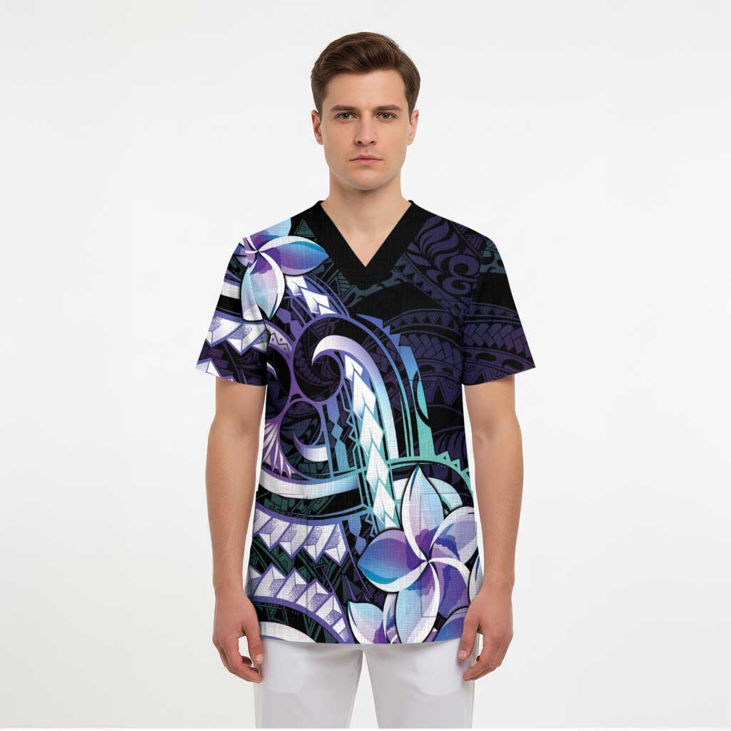 Polynesian Art Tattoo Scrub Top Plumeria Flowers Turquoise Gradient LT05 - Polynesian Pride