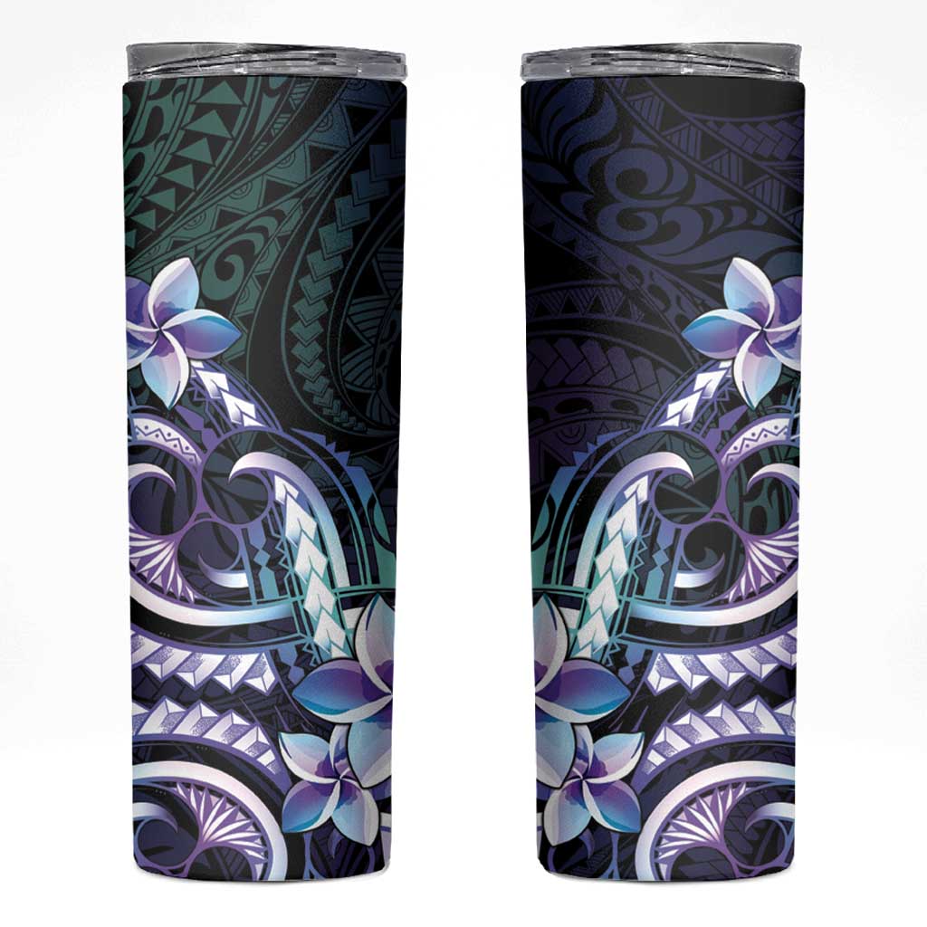 Polynesian Art Tattoo Skinny Tumbler Plumeria Flowers Turquoise Gradient