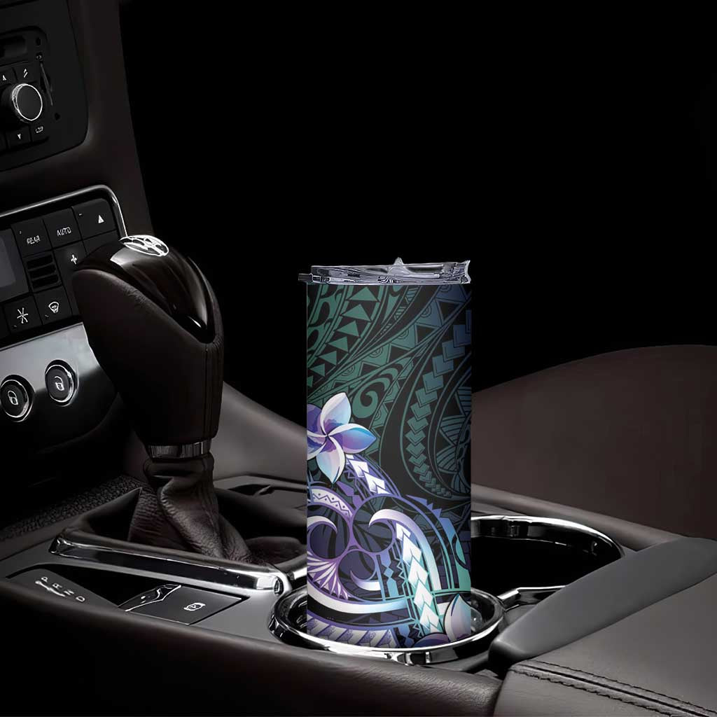 Polynesian Art Tattoo Skinny Tumbler Plumeria Flowers Turquoise Gradient