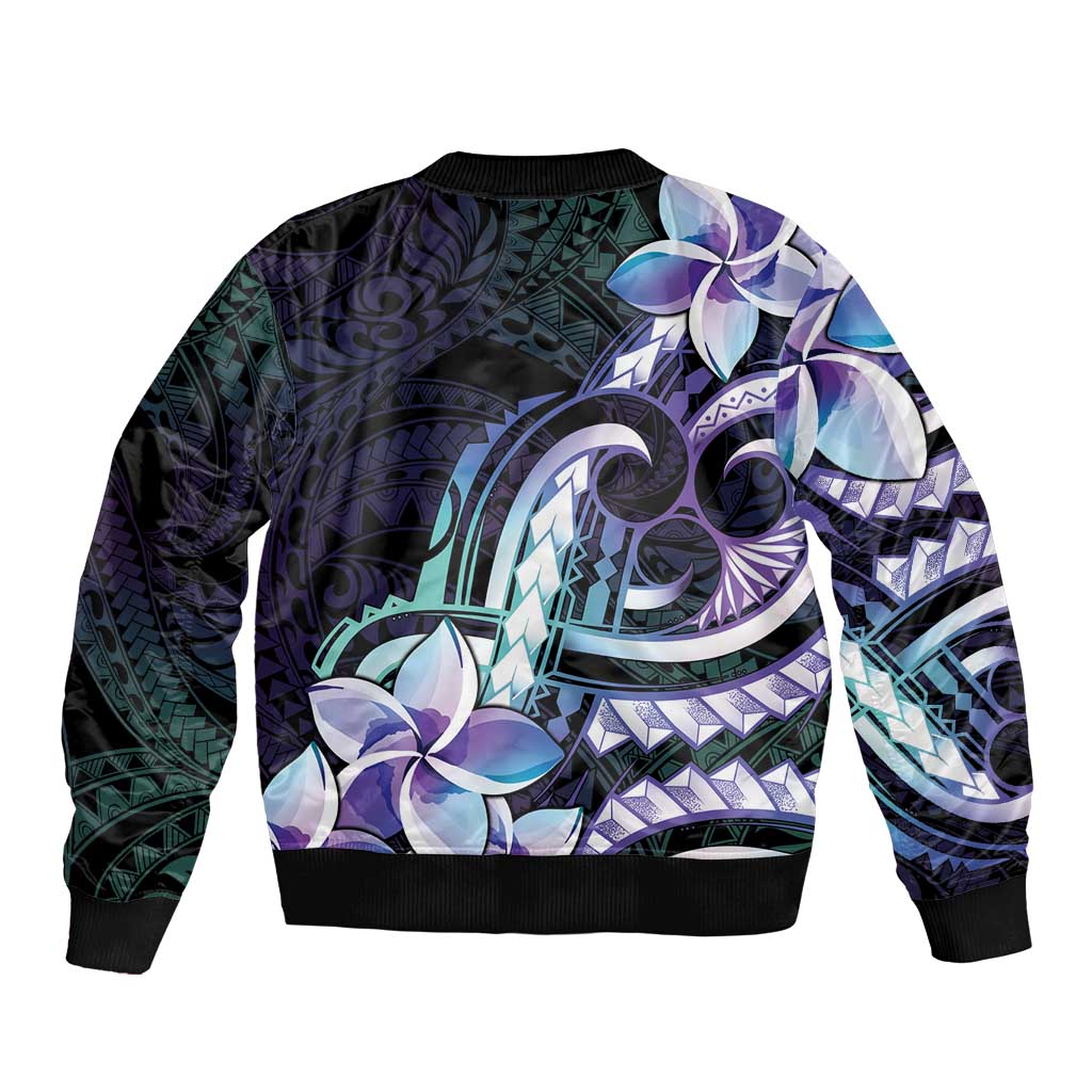 Polynesian Art Tattoo Sleeve Zip Bomber Jacket Plumeria Flowers Turquoise Gradient
