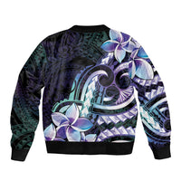 Polynesian Art Tattoo Sleeve Zip Bomber Jacket Plumeria Flowers Turquoise Gradient