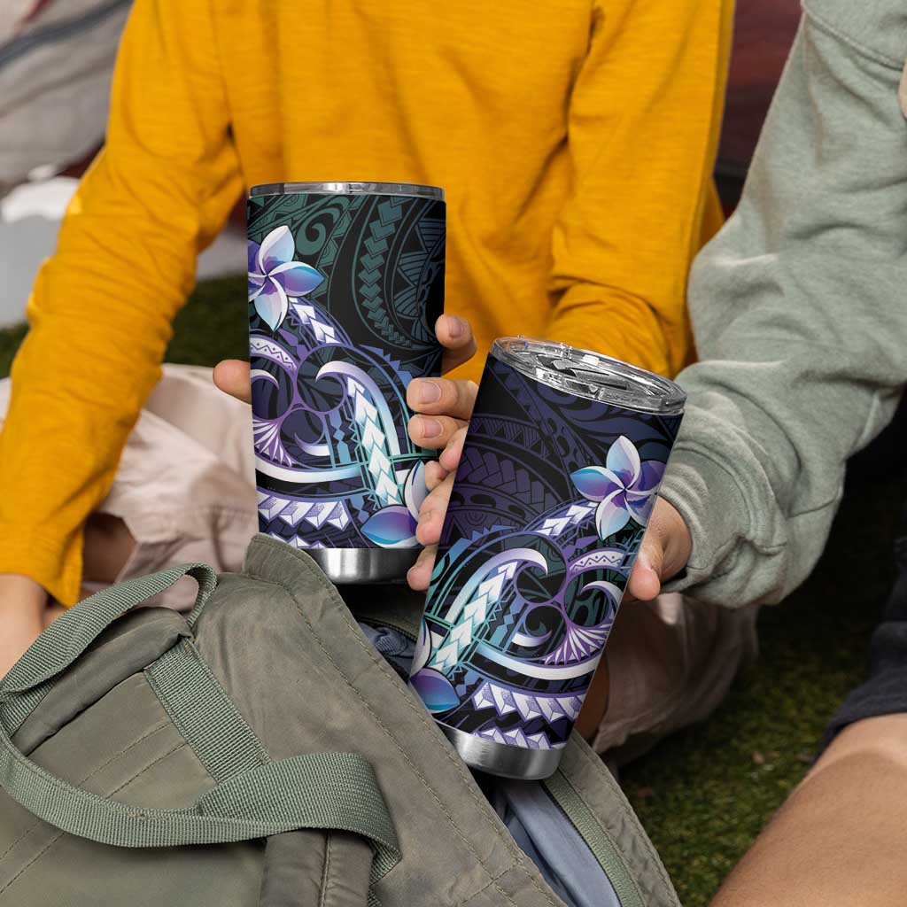 Polynesian Art Tattoo Tumbler Cup Plumeria Flowers Turquoise Gradient