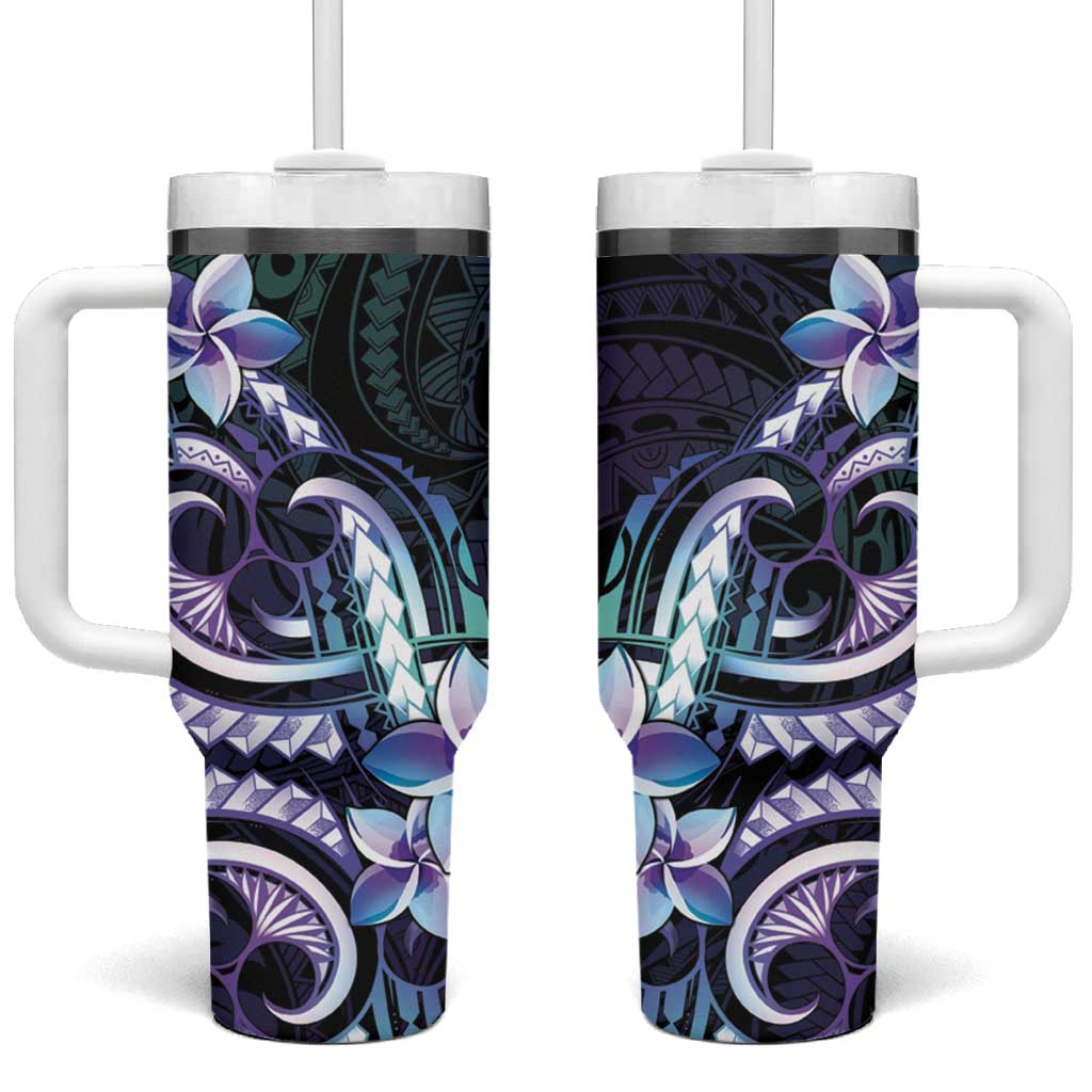 Polynesian Art Tattoo Tumbler With Handle Plumeria Flowers Turquoise Gradient LT05 One Size: 40 oz Turquoise - Polynesian Pride