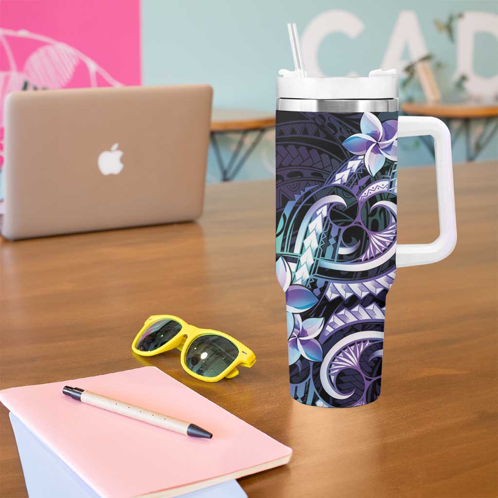 Polynesian Art Tattoo Tumbler With Handle Plumeria Flowers Turquoise Gradient LT05 - Polynesian Pride