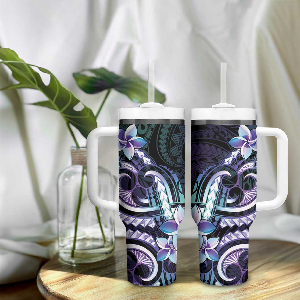 Polynesian Art Tattoo Tumbler With Handle Plumeria Flowers Turquoise Gradient LT05 - Polynesian Pride