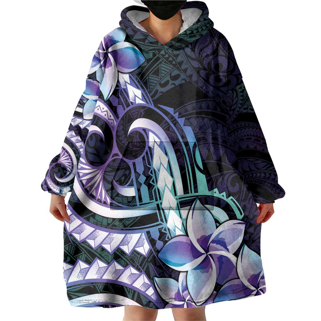 Polynesian Art Tattoo Wearable Blanket Hoodie Plumeria Flowers Turquoise Gradient LT05 - Polynesian Pride