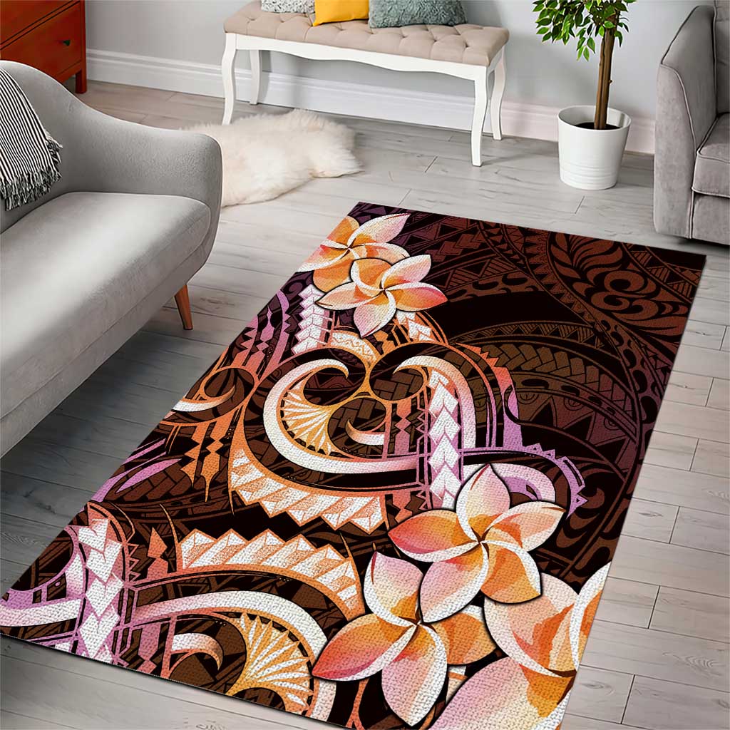 Polynesian Art Tattoo Area Rug Plumeria Flowers Peach Gradient