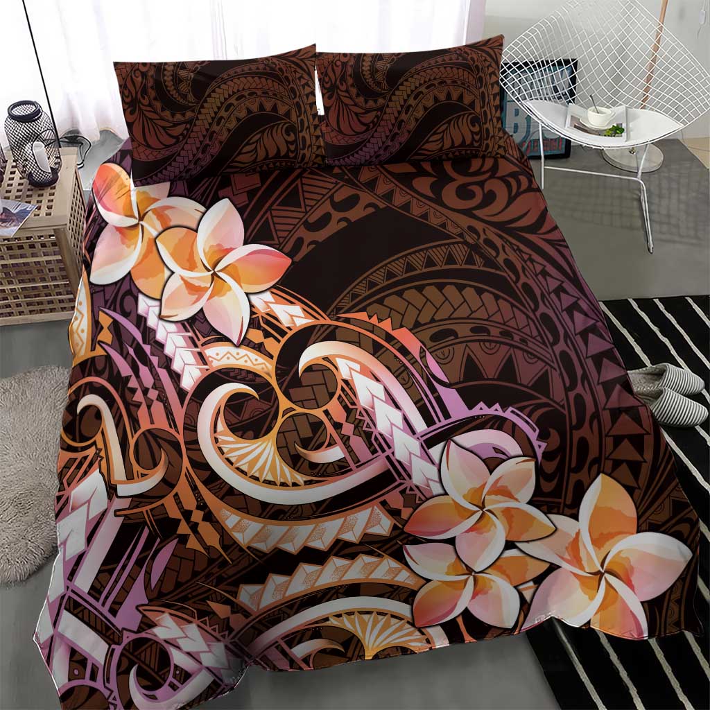 Polynesian Art Tattoo Bedding Set Plumeria Flowers Peach Gradient