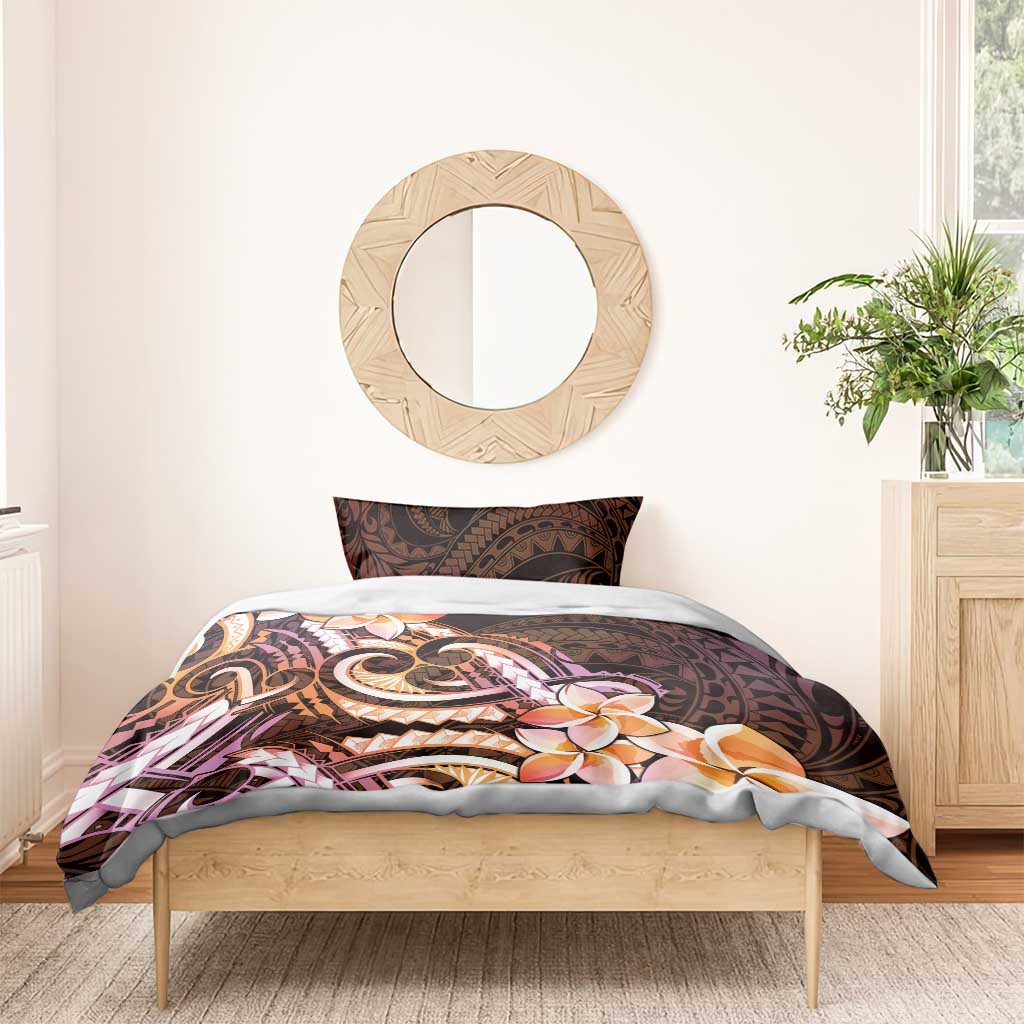 Polynesian Art Tattoo Bedding Set Plumeria Flowers Peach Gradient