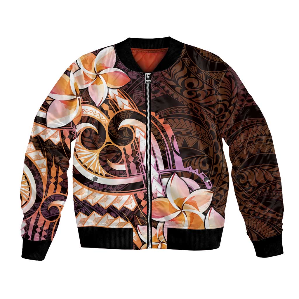 Polynesian Art Tattoo Bomber Jacket Plumeria Flowers Peach Gradient
