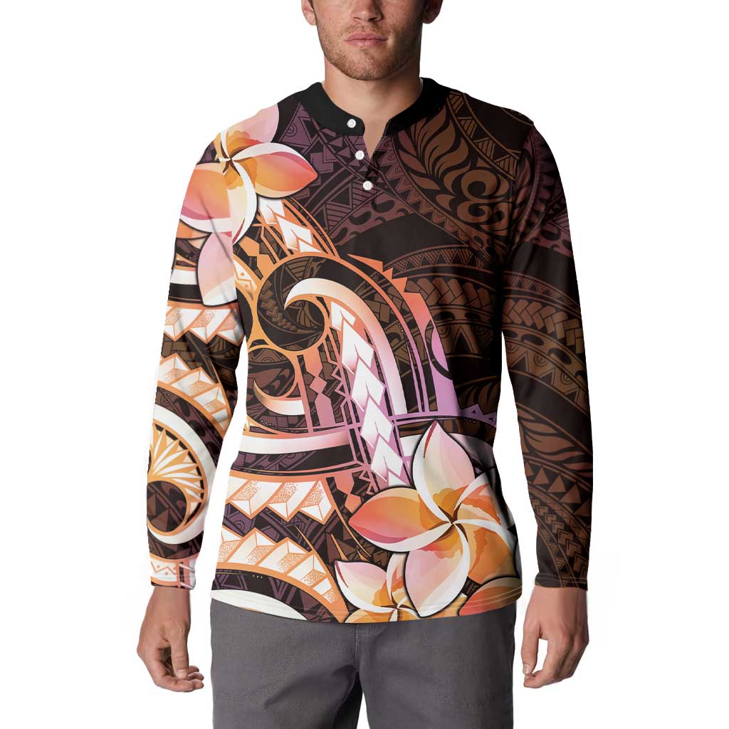 Polynesian Art Tattoo Button Sweatshirt Plumeria Flowers Peach Gradient LT05 - Polynesian Pride