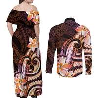 Polynesian Art Tattoo Couples Matching Off Shoulder Maxi Dress and Long Sleeve Button Shirt Plumeria Flowers Peach Gradient LT05 - Polynesian Pride