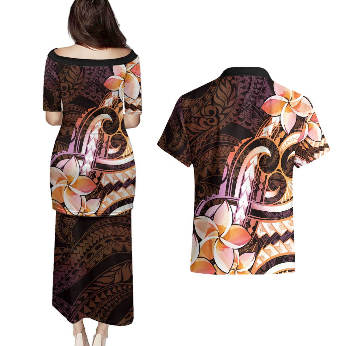 Polynesian Art Tattoo Couples Matching Puletasi and Hawaiian Shirt Plumeria Flowers Peach Gradient LT05 - Polynesian Pride