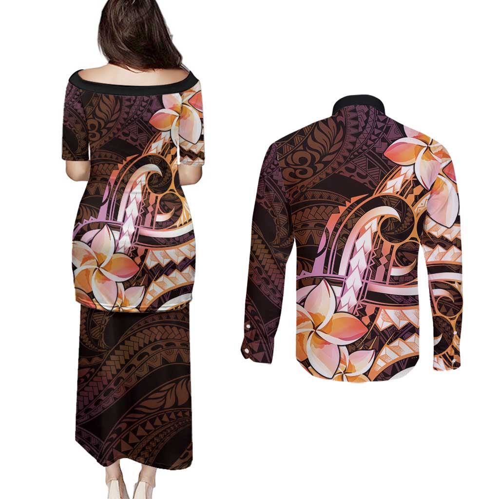 Polynesian Art Tattoo Couples Matching Puletasi and Long Sleeve Button Shirt Plumeria Flowers Peach Gradient LT05 - Polynesian Pride