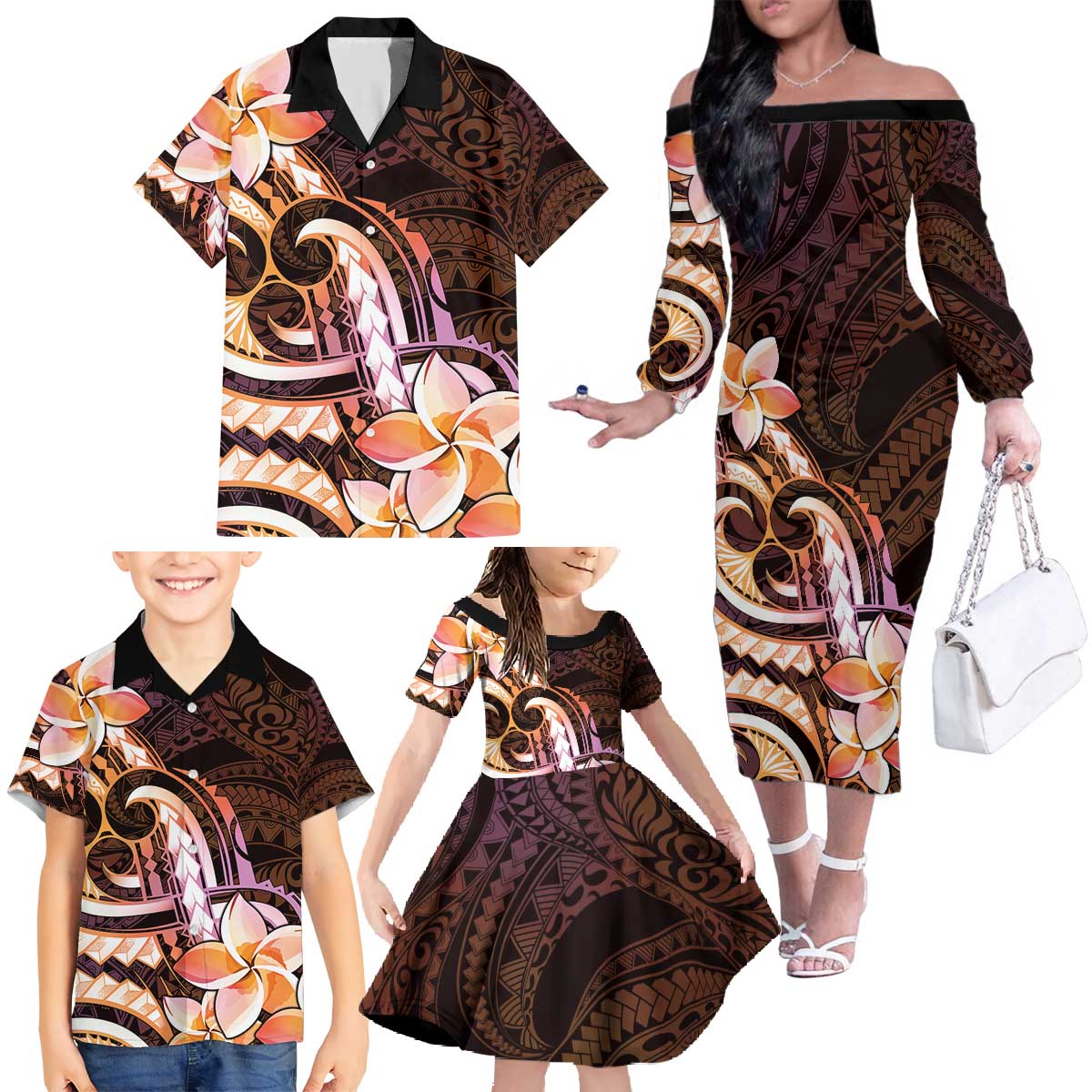 Polynesian Art Tattoo Family Matching Off The Shoulder Long Sleeve Dress and Hawaiian Shirt Plumeria Flowers Peach Gradient