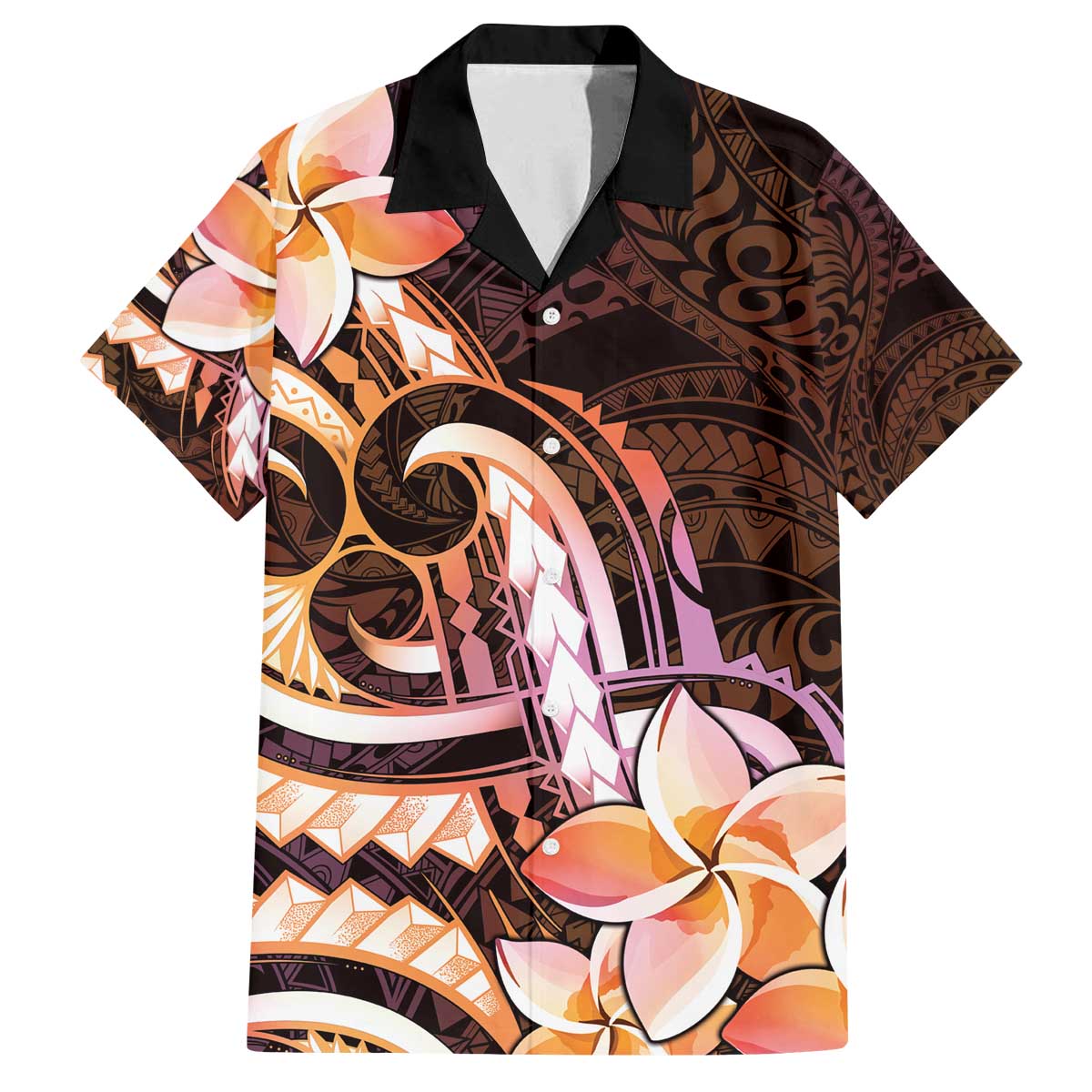 Polynesian Art Tattoo Family Matching Off The Shoulder Long Sleeve Dress and Hawaiian Shirt Plumeria Flowers Peach Gradient