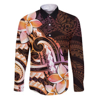 Polynesian Art Tattoo Family Matching Off The Shoulder Long Sleeve Dress and Hawaiian Shirt Plumeria Flowers Peach Gradient