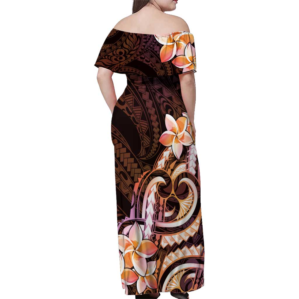 Polynesian Art Tattoo Family Matching Off Shoulder Maxi Dress and Hawaiian Shirt Plumeria Flowers Peach Gradient
